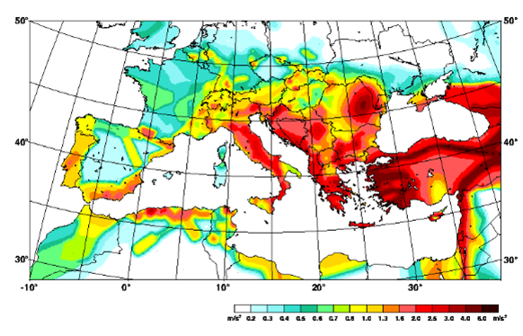 Mapa de Europa de actividad sísmica, que influye en el diseño sísmico.